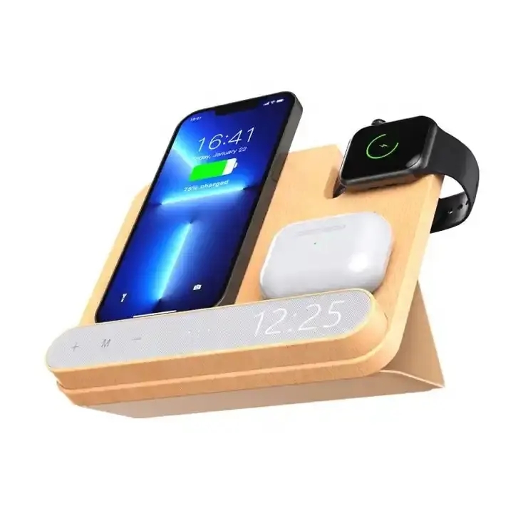 2023 15W Slim Bamboo Wireless Chargers Phone Bedside Desktop 4 In 1 Wireless Charger